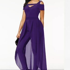 Purple asymmetry off the shoulder jumpsuit
